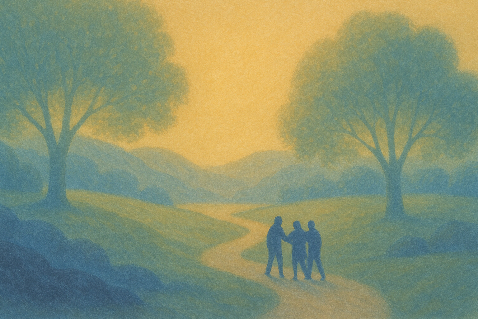 A serene landscape showing people supporting each other on a journey toward mental wellness